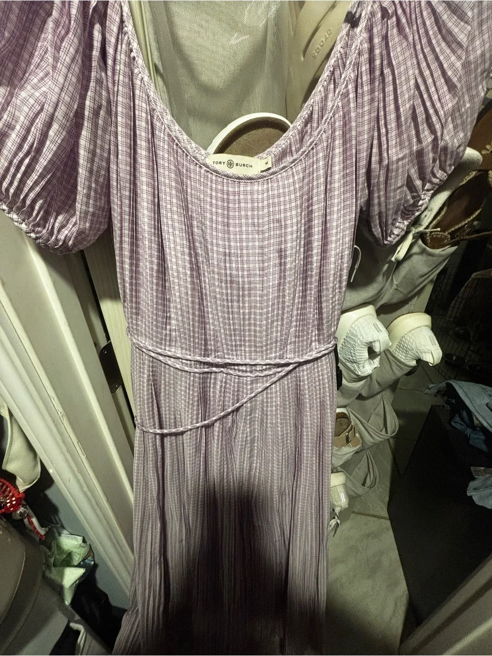 Tory Burch Lilac and White Gingham Puff Sleeve Dress